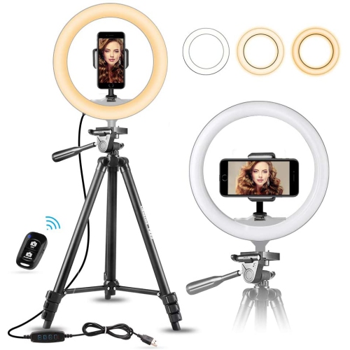 Desktop Ring Light Kit:10 Desktop Selfie Ring Light with Mini Tripod Stand Phone Holder and Remote Dimmable LED Ring Light for Makeup Live Stream/YouTube Video/Photography 