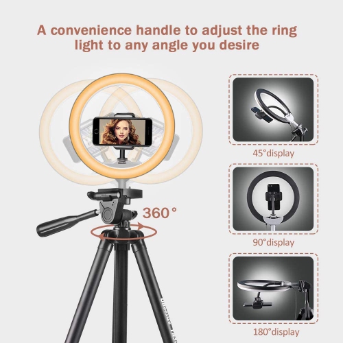 10" 25Cm Selfie LED Ring Light with 50" Extendable Tripod & Flexible Phone Holder, Upgraded Dimmable Camera Ring Light for