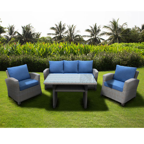 Ensemble de patio en osier de 4 pièces Seychelle - Naturel/Coussins bleu denim
