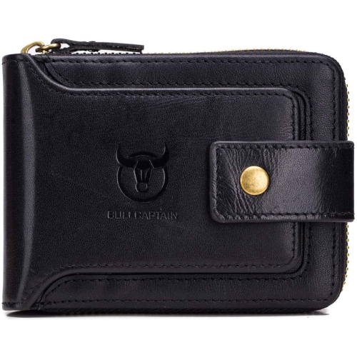 Classier BULLCAPTAIN Genuine Leather RFID Wallet for Men Large Capacity ID Window Card Case with Zip Coin Pocket QB-231 - Black