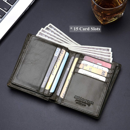 Classier Bullcaptain Large Capacity Genuine Leather Bifold Wallet/Credit Card Holder for Men with 15 Card Slots QB-027 - Gray