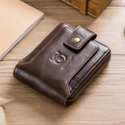 Classier BULLCAPTAIN Genuine Leather RFID Wallet for Men Large Capacity ID Window Card Case with Zip Coin Pocket QB-231