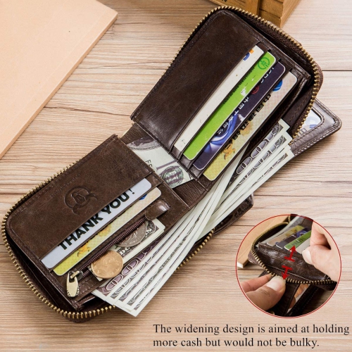 Classier BULLCAPTAIN Genuine Leather RFID Wallet for Men Large Capacity ID Window Card Case with Zip Coin Pocket QB-231