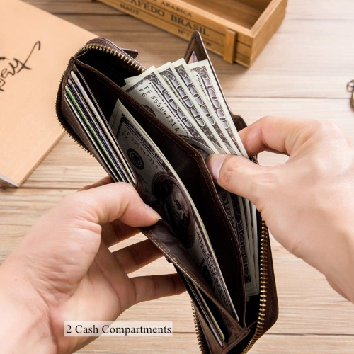 Classier BULLCAPTAIN Genuine Leather RFID Wallet for Men Large Capacity ID Window Card Case with Zip Coin Pocket QB-231