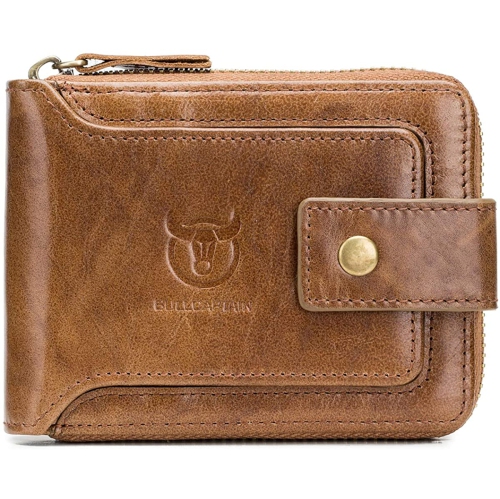 Classier BULLCAPTAIN Genuine Leather RFID Wallet for Men Large Capacity ID Window Card Case with Zip Coin Pocket QB-231
