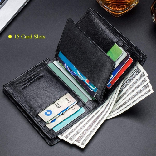 Classier Bullcaptain Large Capacity Genuine Leather Bifold Wallet/Credit Card Holder for Men with 15 Card Slots QB-027