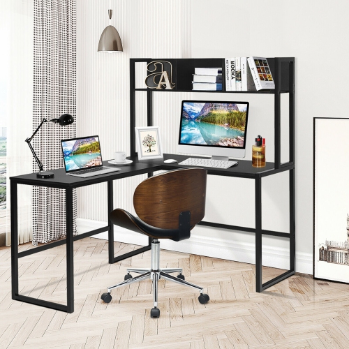 Costway 55'' L-Shaped Desk Corner Computer Desk w/Hutch Black