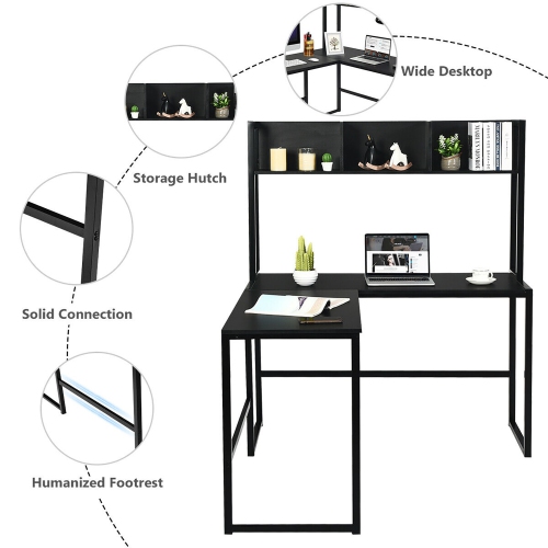 COSTWAY  55'' L-Shaped Desk Corner Computer Desk W/hutch Black