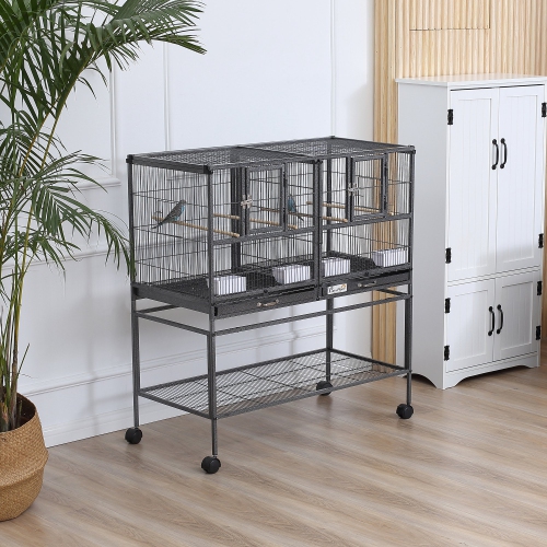 PawHut 40"H Divided Breeder Bird Cage with Rolling Stand Removable Metal Tray, Storage Shelf, Wood Perch, and Food Container, Dark Grey