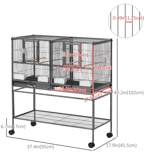 PawHut 40"H Divided Breeder Bird Cage with Rolling Stand Removable Metal Tray, Storage Shelf, Wood Perch, and Food Container, Dark Grey
