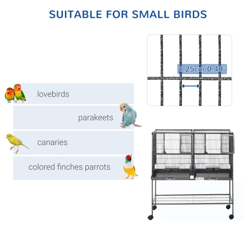 PawHut 40"H Divided Breeder Bird Cage with Rolling Stand Removable Metal Tray, Storage Shelf, Wood Perch, and Food Container, Dark Grey