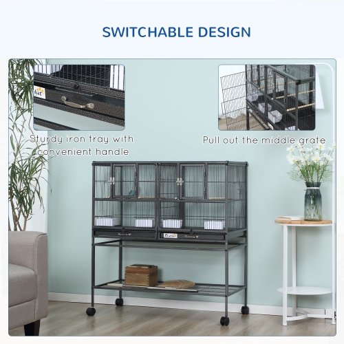 PawHut 40"H Divided Breeder Bird Cage with Rolling Stand Removable Metal Tray, Storage Shelf, Wood Perch, and Food Container, Dark Grey