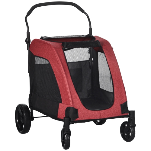 PawHut 4 Wheel Pet Stroller with Storage Basket, Afjustable Handle, Ventilated Oxford Fabric for Medium Size Dogs Cat Red