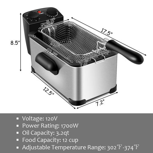Costway 3.2 Quart Electric Deep Fryer 1700W Stainless Steel Timer Frying Basket