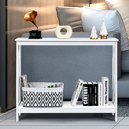 Costway 2-Tier Console Table x-Design Bookshelf Sofa Side Accent Table w/Shelf