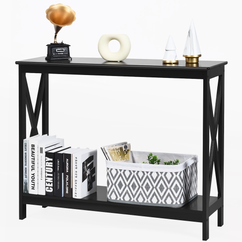 Costway 2-Tier Console Table x-Design Bookshelf Sofa Side Accent Table w/Shelf