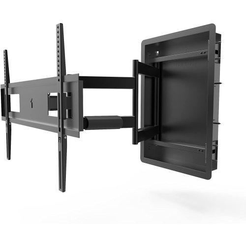 KANTO  " R500 Recessed In-Wall Low Profile Full Motion Tv Mount for 46"" - 80"" Tvs - Extends 27.6""" The real questions regarding this mount are (1) can it handle the weight of the 65" 8K TV it's connected to, (2) can it be securely connected to the wall behind it, and (3) can it provide us with the variety of viewing angles we desire?  