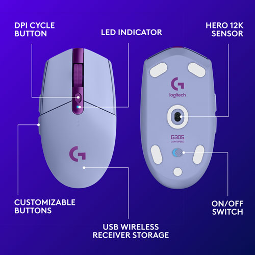 Souris de jeu optique HERO sans fil de 12 000 ppp G305 LIGHTSPEED de Logitech - Lilas