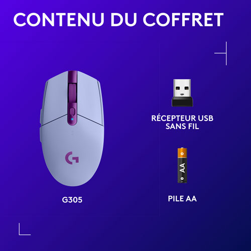 Souris de jeu optique HERO sans fil de 12 000 ppp G305 LIGHTSPEED de Logitech - Lilas