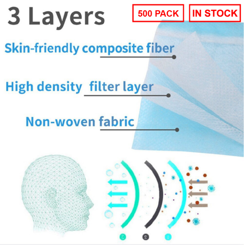 3-Ply Disposable Earloop Breathable Face Mask Protection - 500 - Pack - Ships from Canada