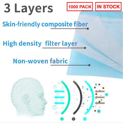 3-Ply Disposable Earloop Breathable Face Mask Protection - 1000 - Pack - Ships from Canada