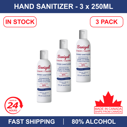 Désinfectant pour les mains liquide 3 bouteilles de 250ML. 80% d'alcool fabriqué et expédié du Canada en stock