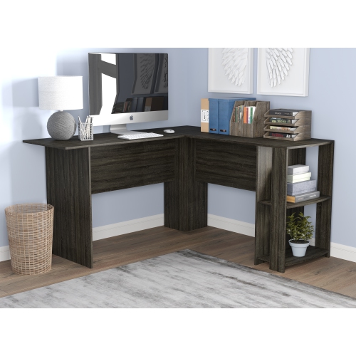 Large Working Computer Desk L-Shaped with 2 Shelves in Dark Grey 55L