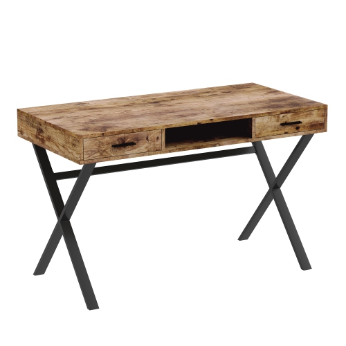 47"L Brown Reclaimed Wood Computer Desk with 2 Drawers, 1 Open Shelf and Black Metal