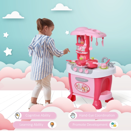 Qaba Kids Kitchen Set Kitchen Playset Pretend Toy Children Role Play Game Toy with Light & Sound Function 38Pcs Toy Accessories - Pink