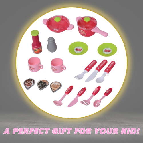 Qaba Kids Kitchen Set Kitchen Playset Pretend Toy Children Role Play Game Toy with Light & Sound Function 38Pcs Toy Accessories - Pink