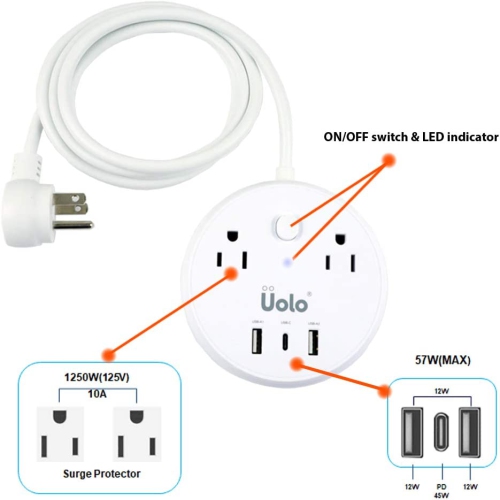 Uolo Volt USB C 57W Max PD Power Bar with 2 Surge Protector AC outlets and 2 USB A Ports 5ft Extension Cord - Compatible with iPhone and Samsung