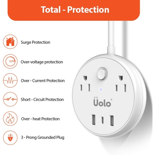 Uolo Volt USB C 57W Max PD Power Bar with 2 Surge Protector AC outlets and 2 USB A Ports 5ft Extension Cord - Compatible with iPhone and Samsung