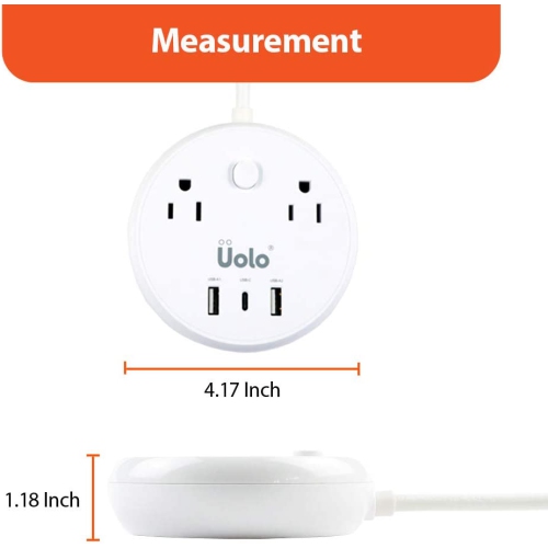 Uolo Volt USB C 57W Max PD Power Bar with 2 Surge Protector AC outlets and 2 USB A Ports 5ft Extension Cord - Compatible with iPhone and Samsung