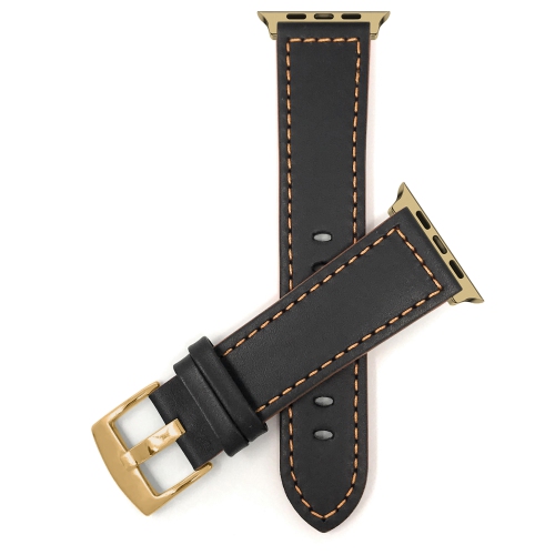Bandini Extra Long Leather Watch Strap for Apple Watch Band 38mm / 40mm, Series 6 5 4 3 2 1 , Black / Orange / Gold Hardware