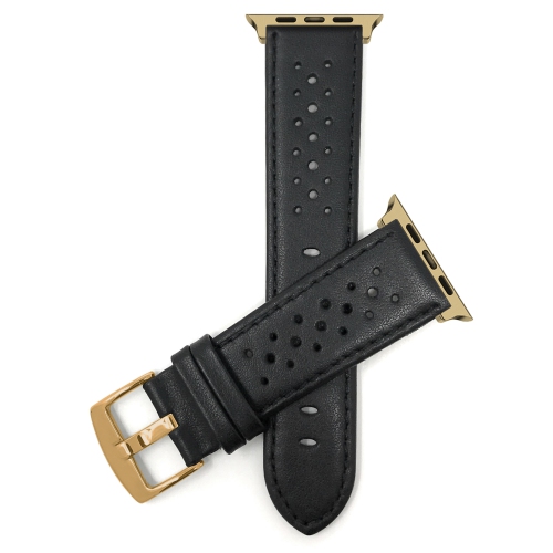 Bandini Extra Long Leather Watch Strap for Apple Watch Band 42mm / 44mm, Series 6 5 4 3 2, Rally, Black / Gold Hardware