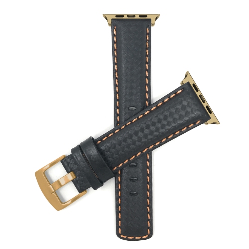 Bandini Leather Watch Strap for Apple Watch Band 42mm /41mm / 40mm / 38mm, Series 11 10 9 8 7 6 5 SE, Carbon Fiber, Black / Orange / Gold Hardware