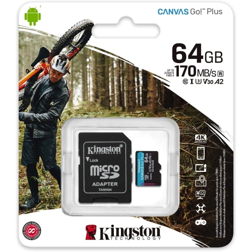 Kingston - Canvas Go MicroSD Plus Memory Card with SD Adapter, 64GB Capacity, Class 10, UHS-I, U3, V30, A2