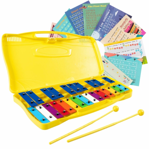 Gymax 25 Notes Glockenspiel Chromatic Metal Xylophone w/Yellow Case and 2 Mallets