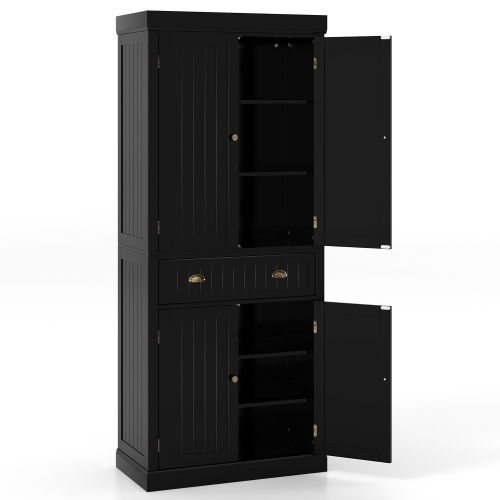Gymax 72'' Kitchen Pantry Storage Cabinet Tall Freestanding Cupboard w/ 4 Doors Large Drawer Black