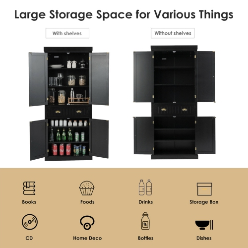 Gymax 72'' Kitchen Pantry Storage Cabinet Tall Freestanding Cupboard w/ 4 Doors Large Drawer Black