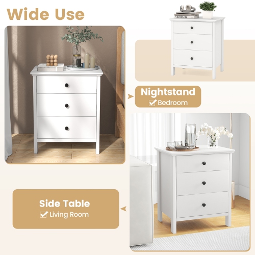 Gymax 3-Drawer Nightstand Wooden Bedside Table Modern Side End Table Space-Saving White