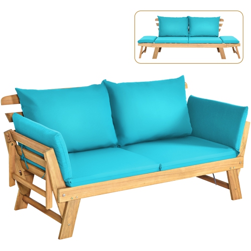 Gymax Adjustable Patio Sofa Daybed Acacia Wood Furniture w/ Turquoise Cushions