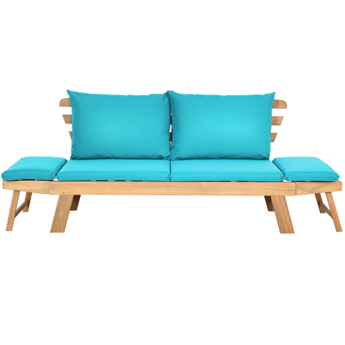 Gymax Adjustable Patio Sofa Daybed Acacia Wood Furniture w/ Turquoise Cushions
