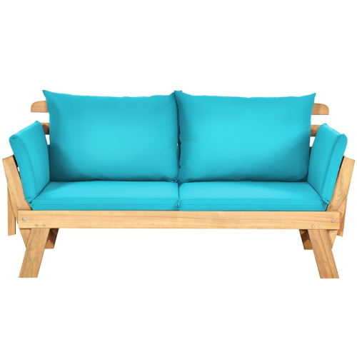 Gymax Adjustable Patio Sofa Daybed Acacia Wood Furniture w/ Turquoise Cushions