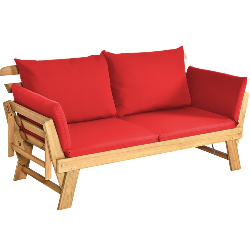 Gymax Adjustable Patio Sofa Daybed Acacia Wood Furniture w/ Red Cushions