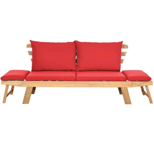 Gymax Adjustable Patio Sofa Daybed Acacia Wood Furniture w/ Red Cushions