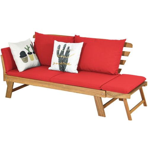 Gymax Adjustable Patio Sofa Daybed Acacia Wood Furniture w/ Red Cushions