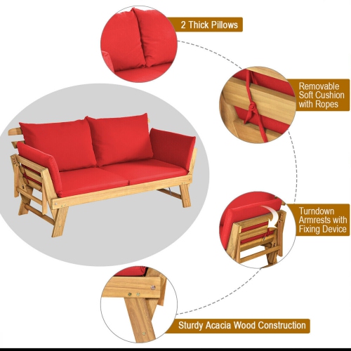 Gymax Adjustable Patio Sofa Daybed Acacia Wood Furniture w/ Red Cushions