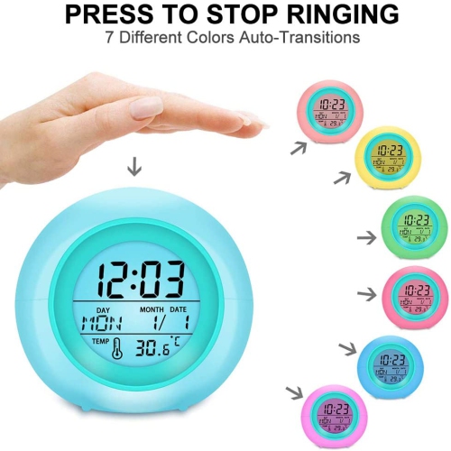 Réveille-matin pour enfants avec commandes tactiles et 7 couleurs variables pour chambre d’enfant, horloge pour enfants