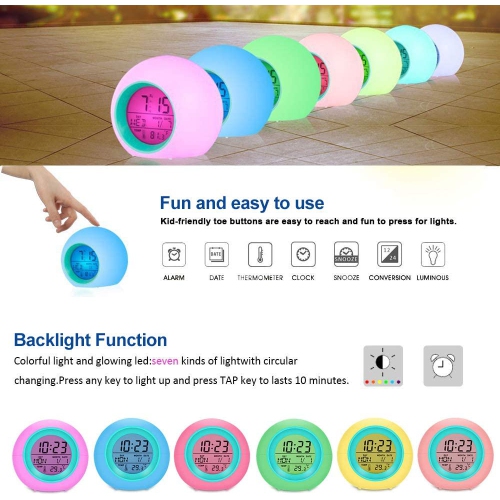 Réveille-matin pour enfants avec commandes tactiles et 7 couleurs variables pour chambre d’enfant, horloge pour enfants